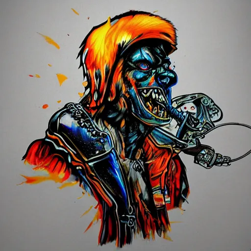 Image similar to psychedelic backlit airbrush artwork of a stylized orc biker