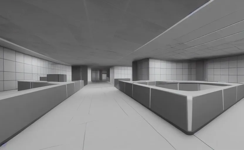 Image similar to screenshot of game on unreal engine 5, a large white empty breakroom with a security checkpoint, photorealistic, retrofuturism, brutalism, minimalist, soft vintage glow