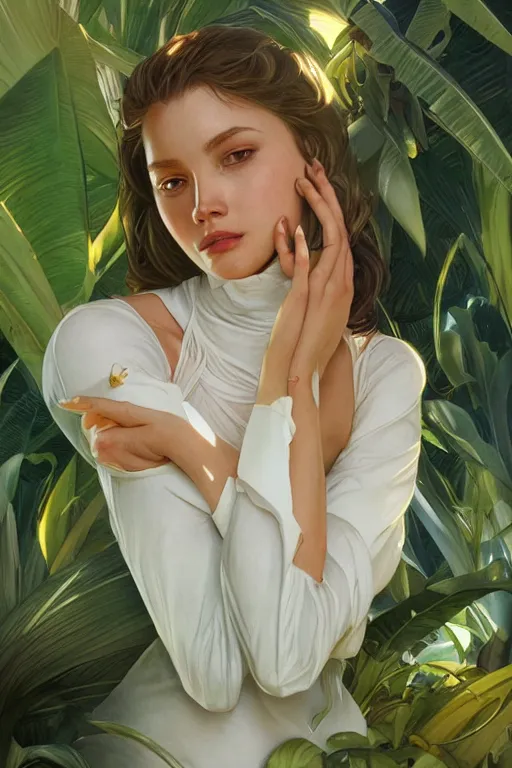 Image similar to ultra realistic illustration, banana plants, white background, elegant, highly detailed, digital painting, artstation, concept art, smooth, sharp focus, illustration, art by artgerm and greg rutkowski and alphonse mucha