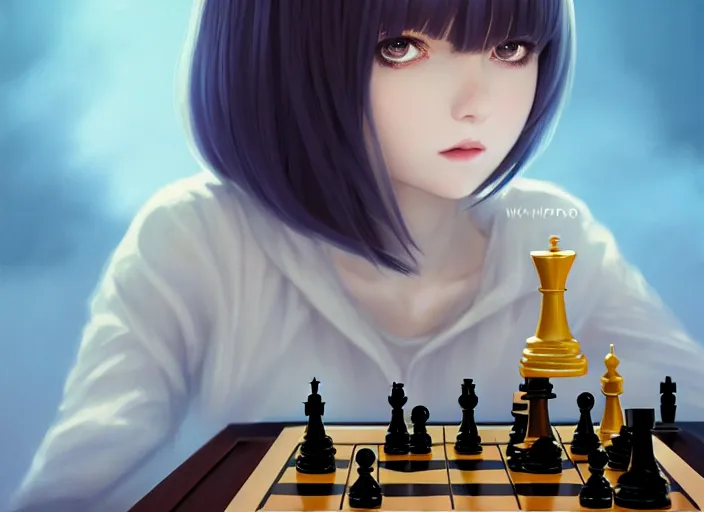 Prompt: a pale ilya kuvshinov playing chess, with gold eyes, straight hair, sky blue hair, long bangs, high collar, concept art, award winning photography, digital painting, cinematic, by wlop, anime key visual, wlop, 8 k, by ross tran, tom bagshaw, andy warhol