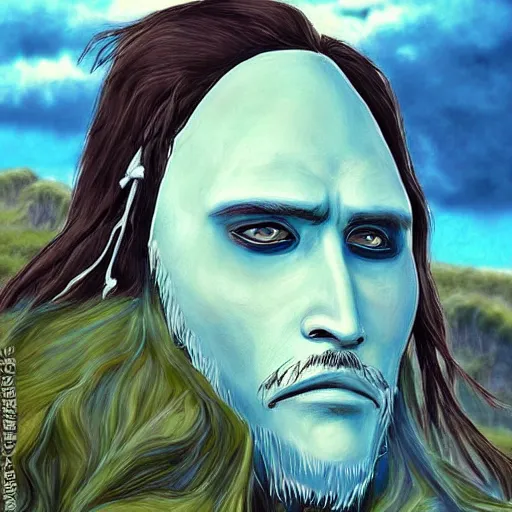 Image similar to “John Depp, portrait!!! Mononoke-hime style, cartoon, blue sky with white clouds green hills and mountains on the background, fantasy, photorealistic, concept Art, ultra detailed portrait, 4k resolution”