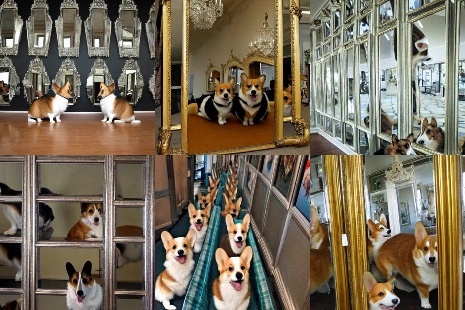 Prompt: Corgi in a hall of mirrors