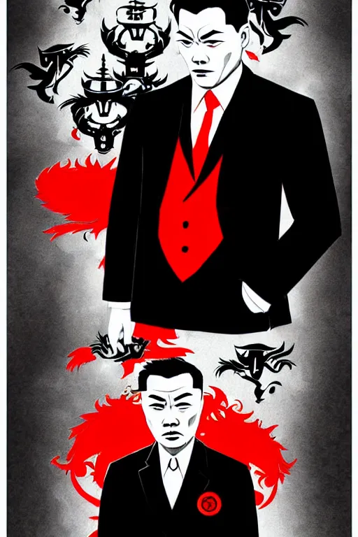 Image similar to chinnese mafia, with black suit and red tissue, some of leader have dragon tatto. digital art, concept art, pop art, bioshock art style, accurate, detailed, gta chinatown art style, cuphead art style, dynamic, face features, body features, ultra realistic, smooth, sharp focus, art by richard hamilton and mimmo rottela