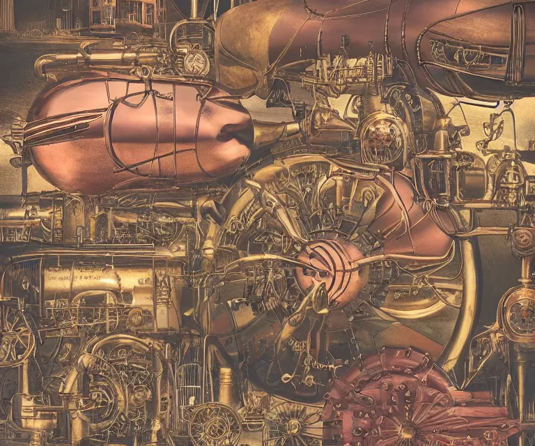 Image similar to steampunk countryside, 1 9 2 0 s, steam trains, blimps, rose gold