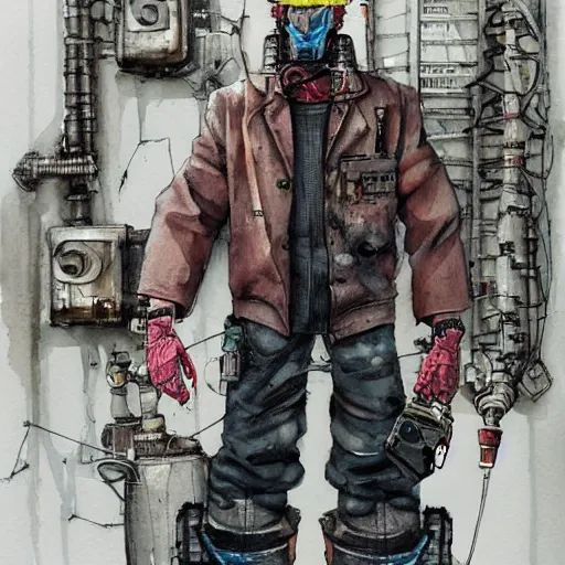 Image similar to watercolor of a cyberpunk mechanic, realistic, detailed, Industrial Scifi, in the style of Ashley Wood and Moebius