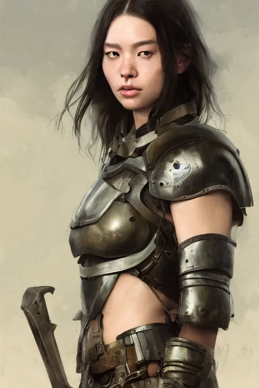 Image similar to a photorealistic painting of an attractive young girl, partially clothed in battle armor, olive skin, long dark hair, beautiful bone structure, symmetrical face, perfect eyes, intricate, elegant, digital painting, concept art, illustration, sharp focus, minimal artifacts, from Metal Gear, in the style of Ruan Jia and Mandy Jurgens, by Greg Rutkowski, trending on Artstation, award winning