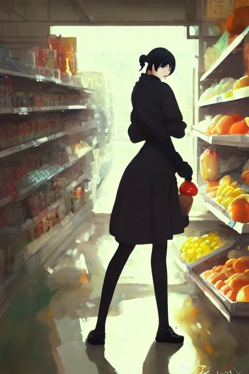 Prompt: a photography of a woman Grocer with frock,looks like Ziyi Zhang ponytail, grocery store around，winter,anime style character, clean soft lighting, backlit beautiful face, Oil painting, by Ilya Kuvshinov, Greg Rutkowski and Makoto Shinkai