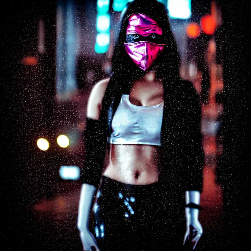 Image similar to a photo close up cyberpunk kubuki masked woman dancing in the rain, cyberpunk hiroshima, prefecture streets, midnight, photorealistic, cinematic lighting, highly detailed, bokeh, style by tomino - sama