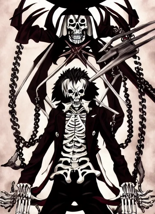 Image similar to shin megami tensei art of a demon that is a skeleton mafia gangster, art by kazuma kaneko, demonic! compedium!, digital drawing, law - alligned, white background, high quality, highly detailed