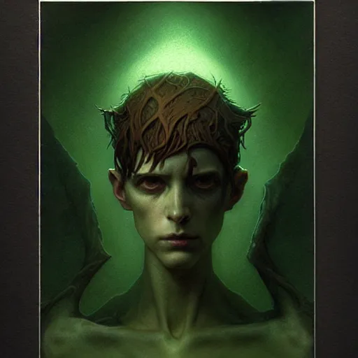 Prompt: portrait top light, by killian eng and bernie wrightson and martin deschambault and tom bagshaw, inspired by city of lost children, green and brown only, etching, fine, sharp high detail,