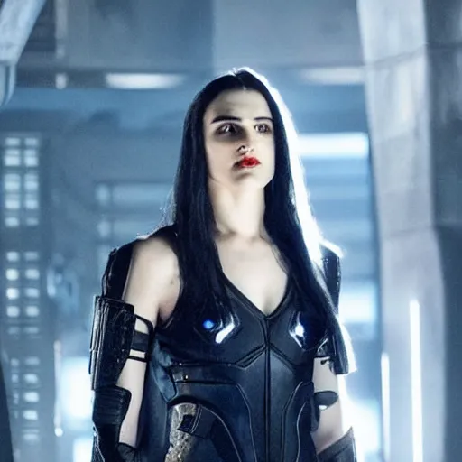 Image similar to Katie McGrath as Cyberpunk Morgana