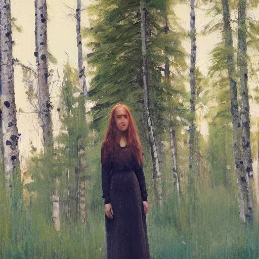 Prompt: “ woman with long hair, summer dress, standing between aspen trees in an aspen forest, style of jeremy lipking, joseph todorovitch ”