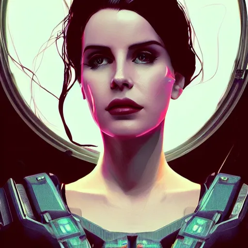 Image similar to portrait of lana del rey as a cyborg. intricate abstract. intricate artwork cyberpunk by tooth wu, wlop, beeple, dan mumford. octane render, trending on artstation, greg rutkowski ruan jia, cinematic, hyper realism, unreal 4, high detail, octane render, 8 k, key art, iridescent accents