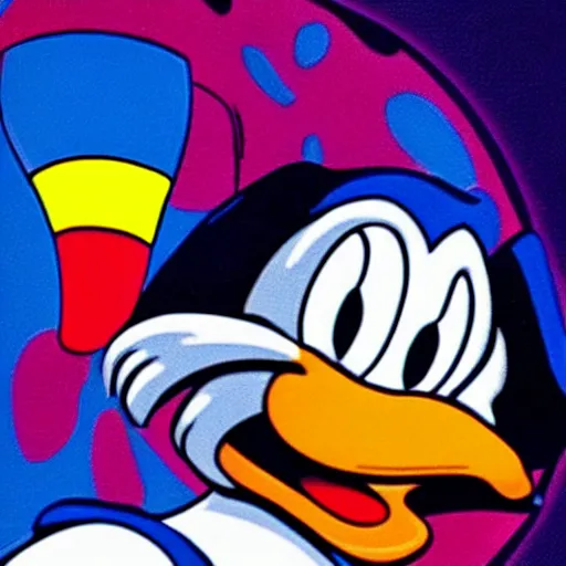 Image similar to donald duck having a psychedelic dmt mushroom lsd trip