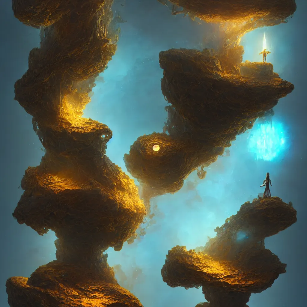 Image similar to within the whole and finite capsule apparent with awe the apparition a flower, an idea seep's into infinity highly detailed in volumetric void of latent space, golden turquoise steampunk, axonometric high contrast cinematic light, mystical shadows, sharp focus, divine realm of gods, octane render, artist by greg rutkowski,