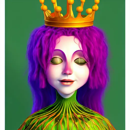 Image similar to cell shaded humanoid onion goddess, flower vine dress, crown, artstation, 4 k gorgeous, smiling, red hair regal, garlic scepter