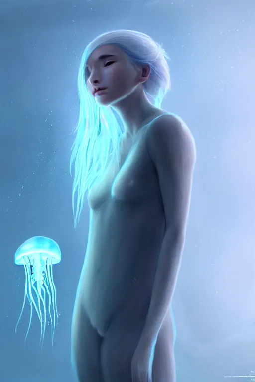 Image similar to Bioluminescent jellyfish, Her breath shot a haze of steam out into the frosty morning air concept, soft light, soft mood, realistic body features and face, illustration, painting oil on canvas by Elena Zhurikhina and Goro Fujita and Charlie Bowater, octane render trending on artstation, 4k, 8k, HD