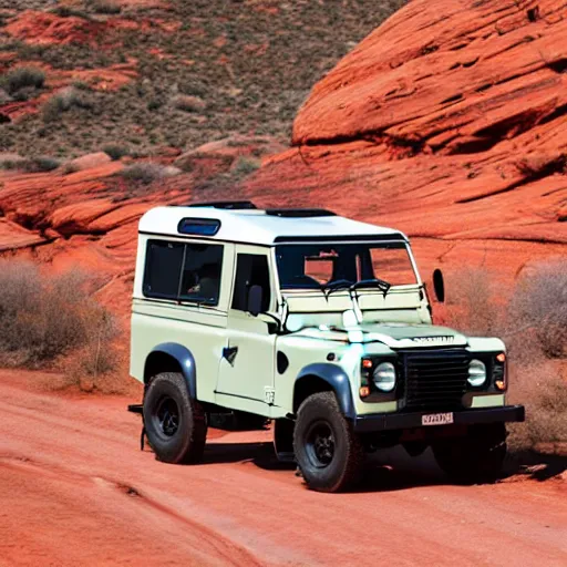 Image similar to a vintage land rover defender drives along a 2 lane road in the valley of fire, drone photo