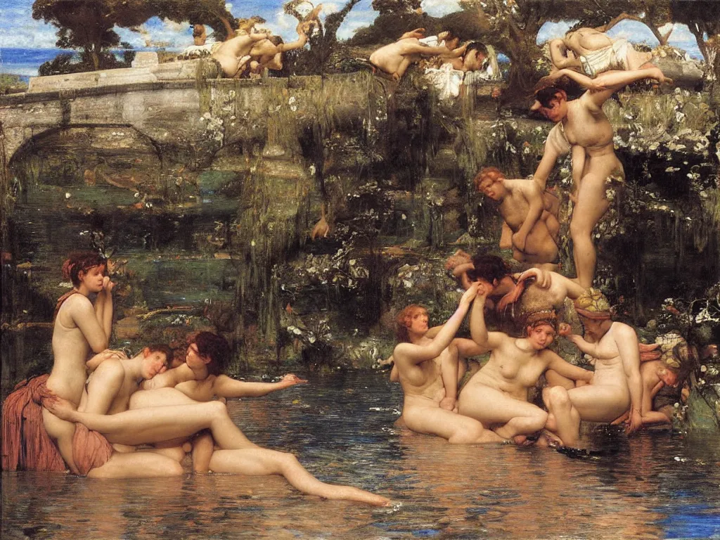 Prompt: swimming through the river hades. sir lawrence alma - tadema, john william godward, arnold bocklin, herbet james draper, caravaggio,