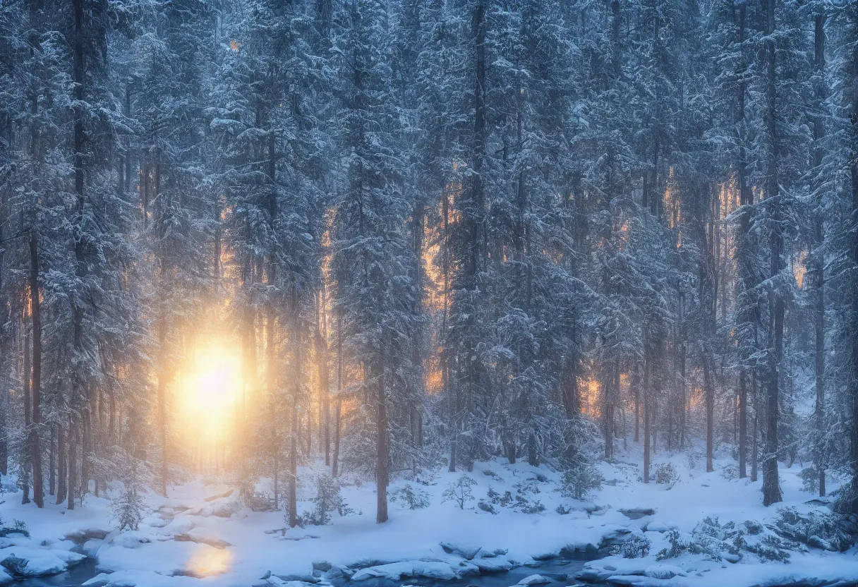 Image similar to pine _ forest _ cold _ river _ mysterious _ sunrise