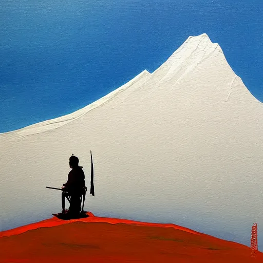 Image similar to painting of a lonesome warrior at the peak of himalayas, style of hiroki takeda