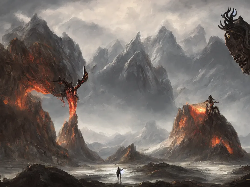 Image similar to a vast landscape painting of a giant skull with horns laying between the mountains, impaled on a sword, trending on artstation, high quality concept art, fantasy
