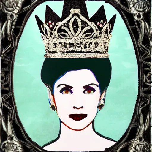 Image similar to a beautiful black haired woman with pale skin and a crown on her head sitted on an intricate metal throne, sharp focus, 8 k, cg, style by andy warhol