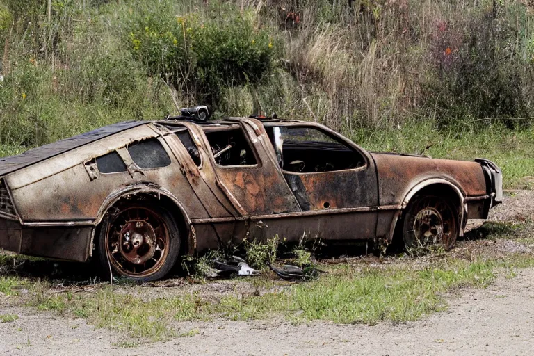 Prompt: rusted, derelict on the back of a tow truck on the road 1 9 2 2 delorean