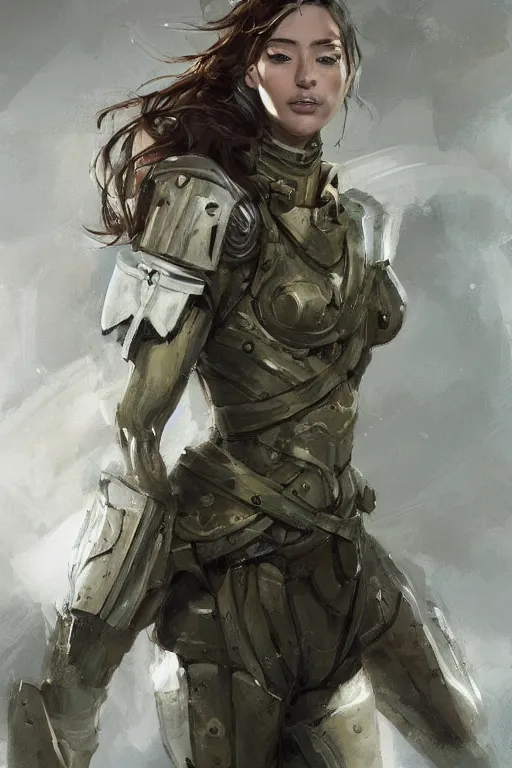 Image similar to a professionally painted portrait of an attractive young woman, clothed in military armor, olive skin, long dark hair, beautiful bone structure, symmetrical facial features, intricate, elegant, digital painting, trending on Artstation, concept art, smooth, sharp focus, illustration, from Metal Gear by Ruan Jia and Mandy Jurgens and Artgerm and William-Adolphe Bouguerea, award winning