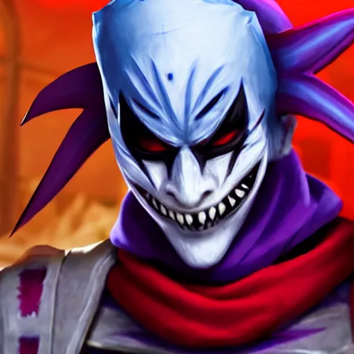 Prompt: ultra realistic shaco the mischevious jester tricking his enemies before he stabs them in the back with his wavy daggers