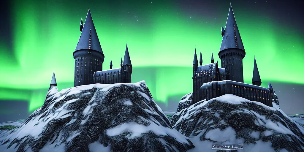 Image similar to “Hogwarts School of Witchcraft and Wizardry with the norther lights in the background. Octane render, 4k, 8k, unreal 5, very detailed, hyper control-realism, trending on artstation.”