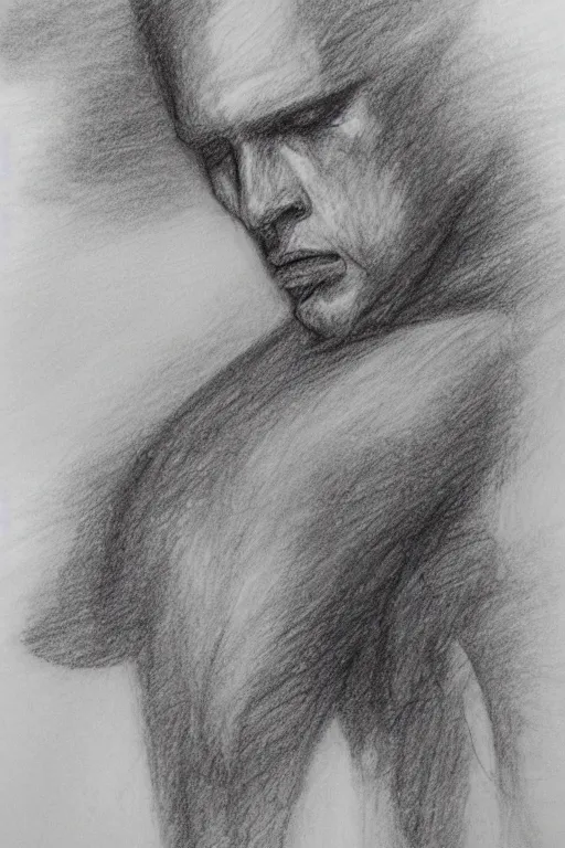 Image similar to the drawn man looks out into the black endless distance in the rain. pencil sketch