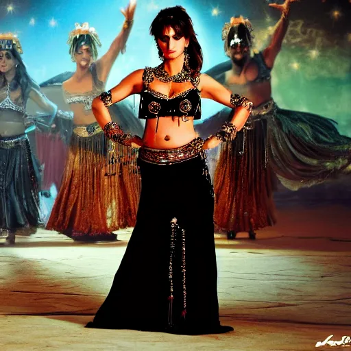 Prompt: a full body shot of penelope cruz as a belly dancer, arabian night, high quality, fully detailed, 4 k