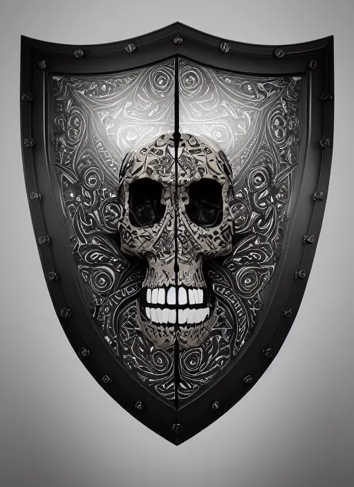 Prompt: black background, a beautiful symmetrical skull on a wooden shield, front facing view, mirrored, ornamental art, octane render, royal shield