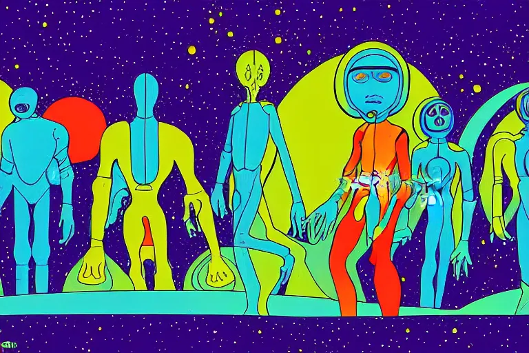 Image similar to a scifi illustration of a psychedelic cyborg flat colors, limited palette in FANTASTIC PLANET La planète sauvage animation by René Laloux