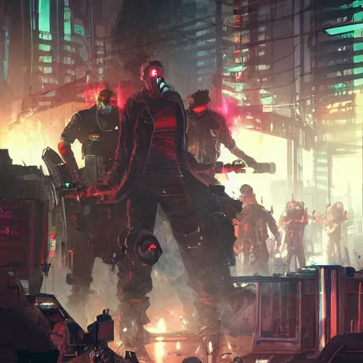 Prompt: angry cyberpunk rioters, detailed digital illustration by greg rutkowski, android netrunner