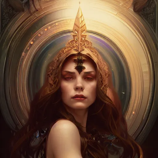 Image similar to Portrait of female sorceress, dark fantasy, medium shot, intricate, elegant, highly detailed, digital painting, artstation, concept art, smooth, sharp focus, illustration, art by artgerm and greg rutkowski and alphonse mucha