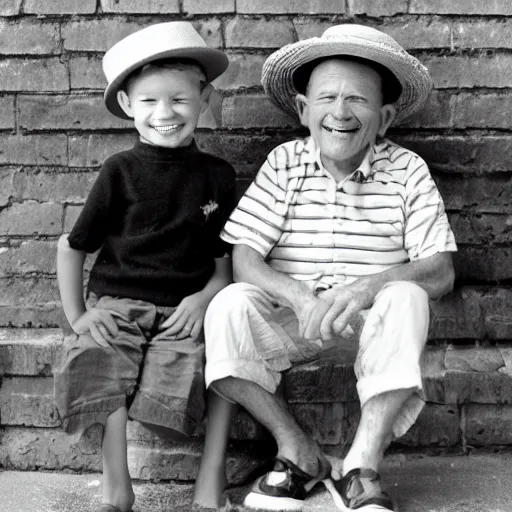 Image similar to An old man wearing a straw hat sitting on the stoop smiling at a happy four year old boy who sits next to him. 1950s, Americana, vintage, black and white, Ian Berry.