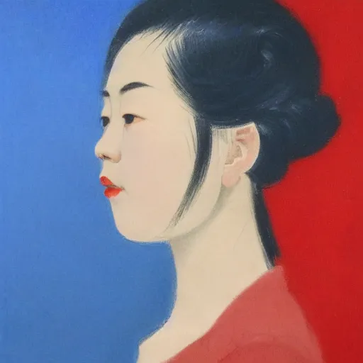 Prompt: profile portrait in chinese realist style ( 1 9 5 4 ), ultramarine blue, venetian red, titanium white, modeled lighting, detailed, expressive, shadows