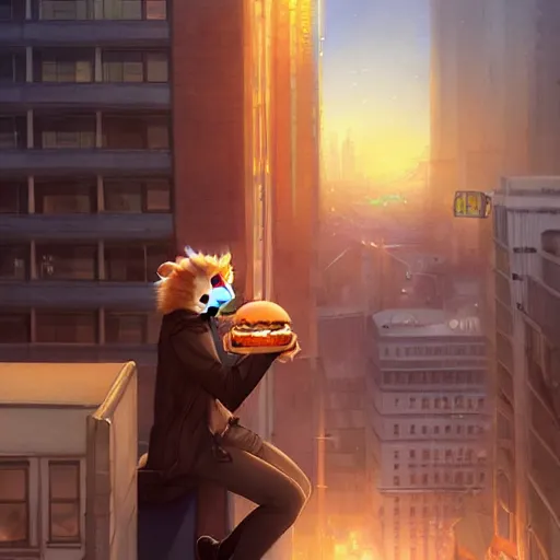 Image similar to a hamster eating a hamburger on a tall building,Character design by charlie bowater, ross tran, artgerm, and makoto shinkai, detailed, inked, western comic book art, 2021 award winning painting,digital art,ultra realistic,ultra detailed,art by greg rutkowski,photorealistic,hyperdetailed,detailed face