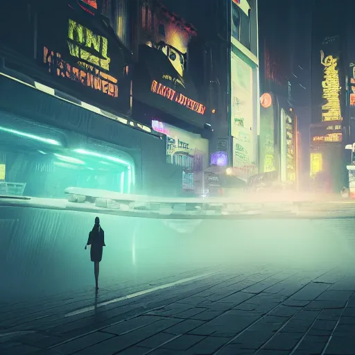 Image similar to Halloween ghost under a sheet, floating over futuristic metropolis sidewalk, at night, bright neon city lights, blade runner, trending on artstation, matte finish, volumetric lighting, 8k, 4k