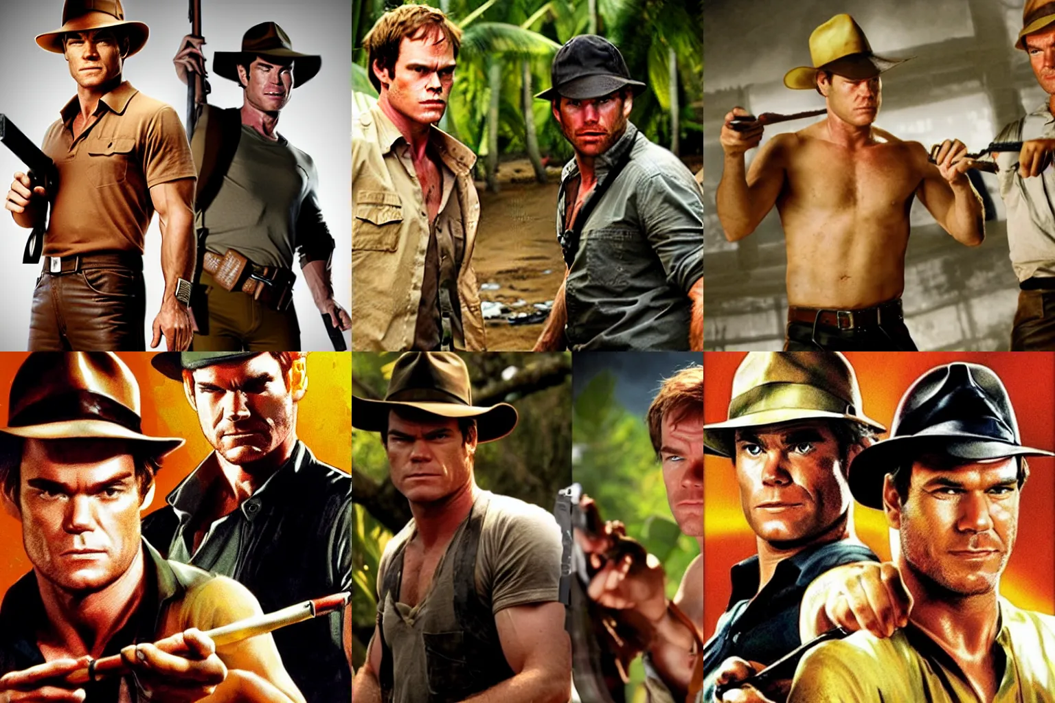 Prompt: dexter morgan and indiana jones in battle using bananas as weapons, high contrast, photorealistic