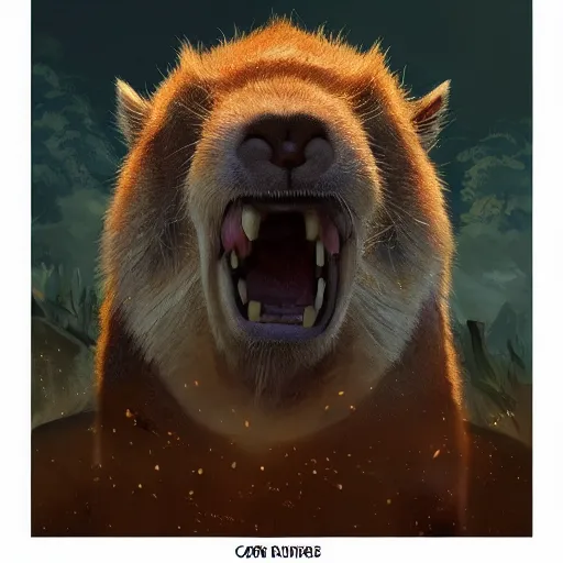 Image similar to Capybara/tiger, ferocious, angry, magic the gathering artwork, D&D, fantasy, cinematic lighting, centered, symmetrical, highly detailed, digital painting, artstation, concept art, smooth, sharp focus, illustration, volumetric lighting, epic Composition, 8k, art by Akihiko Yoshida and Greg Rutkowski and Craig Mullins, oil painting, cgsociety