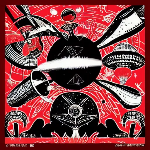 Prompt: red and black psychedelic music flyer with aliens and flying saucers from the 60’s with occult symbols in the background