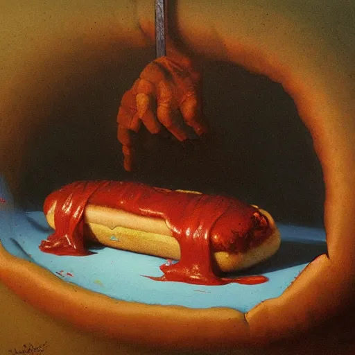 Image similar to a hotdog on a plate by beksinski, oil painting, high detail, 4 k, moody