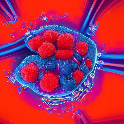 Image similar to raspberry, blueberry, vanilla smoothie explosion, intricate complexity, inverted neon red white and blue drip paint, psychedelic glitch art, trending on art station, photoreal, 8 k, octane render