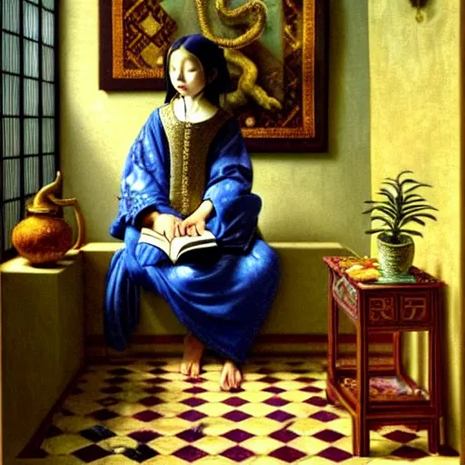 Image similar to a highly detailed fantasy pastel oil painting of a young wizard in ornate clothing lounging on a purpur pillow on the marble floor in front of her bookcase, studying an ancient tome. to the side is a potted plant and some blue candles. ancient oriental fantasy setting. in the style vermeer, yoshitaka amano and mark tedin