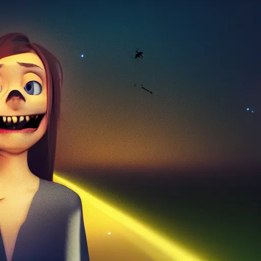 Prompt: head and shoulder shot of a female vampire walking home at night, inspired by pixar, hard lighting, professional studio, smile, vibrant colors, fashion, sideview