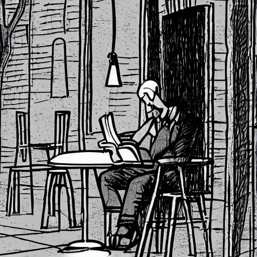 Prompt: a beautiful illustration of a man reading a book in coffee shop corner. by tomhaugomat