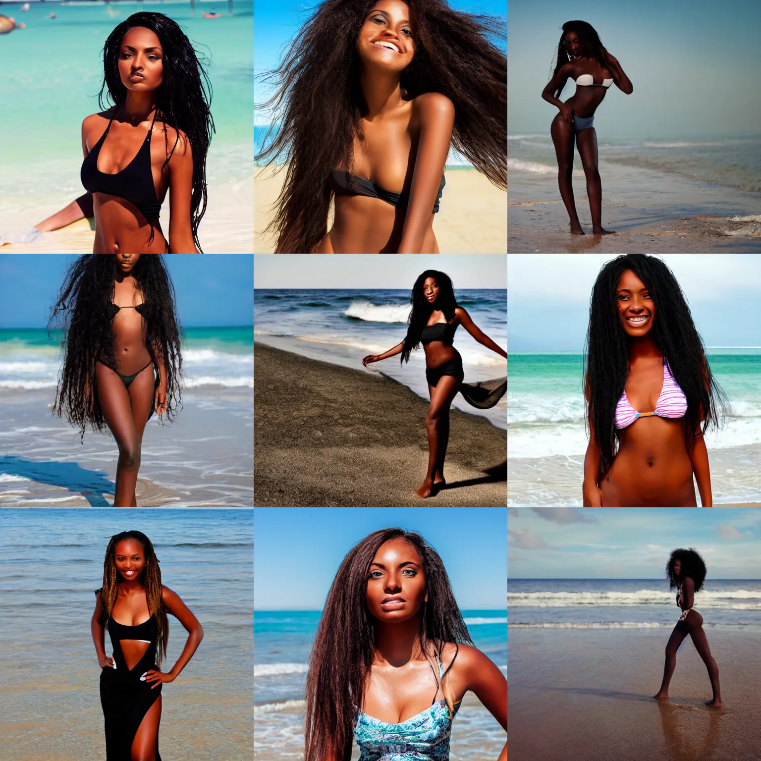 Prompt: beautiful black girl, on the beach, long hair, full body